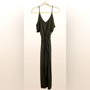 Miami Olive Green Maxi Romper with Flutter Sleeves and Crew Neck